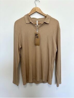 Neutral Ribbed Zip Polo Top - Camel